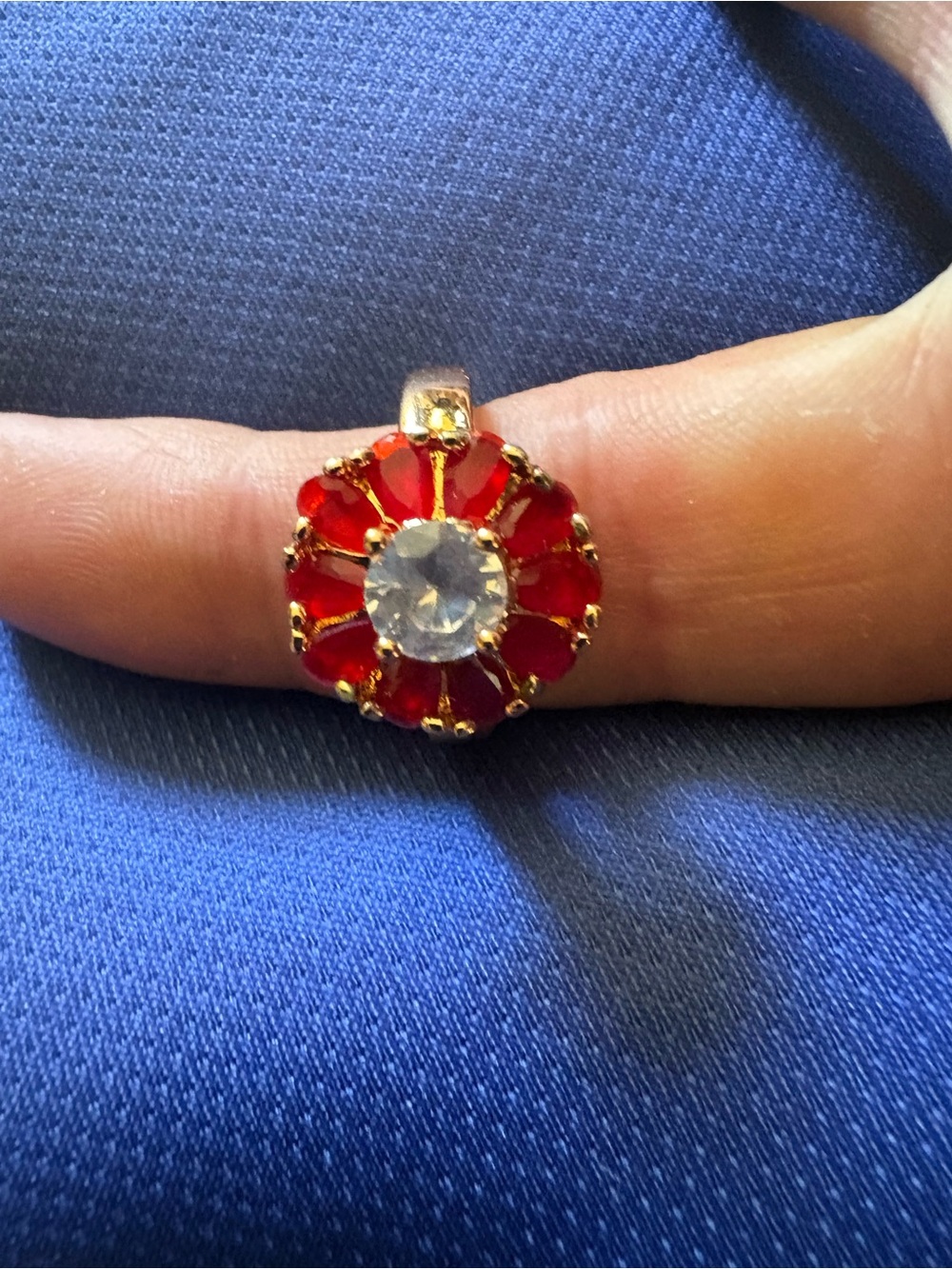 Vintage gold red ruby crystal flower ring